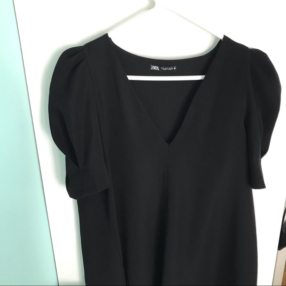 Zara Black Puff Sleeve Mini Dress V Neck Small - Picture 3 of 11